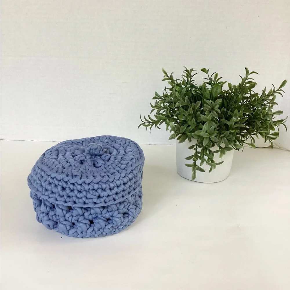 Bowl Lidded Hand Crafted Container Crochet Cotton Denim Blue Boho
